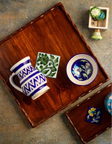 Neerja Blue Pottery wooden tile tray 12x12 inch