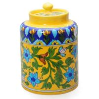 Jaipur Blue Pottery Handmade Jar 6" with lid - yellow base with blue flower