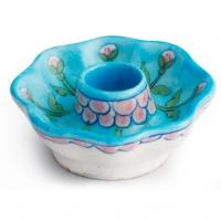 Jaipur Blue Pottery Handmade Candle Plate Mellon Shape 3 inches -Turquoise  Base  with Pink Flower 