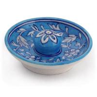 Jaipur Blue Pottery Handmade Incense Holder with Plate - Turquoise Base with white Flower 