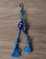 JAIPUR BLUE POTTERY HANDMADE BEAD BAG CHARM IN TURQUOISE/BLUE WITH COTTON THREAD WORK