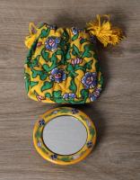 JAIPUR BLUE POTTERY PURSE MIRROR  YELLOW COLOUR WITH  COTTON CLOTH POUCH