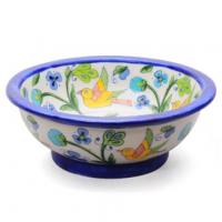 Jaipur Blue Pottery Handmade Imperial Bowl 8 inches - White Base with Yellow Birds