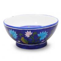 Jaipur Blue Pottery Handmade Bowl 10 inches - Blue Base with pink / turquoise lotus motifs