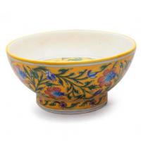 Jaipur Blue Pottery handmade Bowl 10 inches - Yellow Base with Brown flowers & green leaves