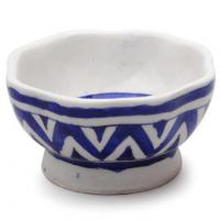 Jaipur Blue Pottery Handmade melon shape Bowl 5 inches - white base with blue Zig Zag Design