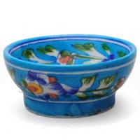 Jaipur Blue Pottery Handmade Bowl 4 inches - Turquoise Base with Blue Flowers