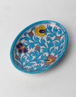 Turquoise leaf and yellow,brown and Blue Flowers on White Base Oval Plate