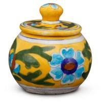 Jaipur Blue Pottery Handmade  Sugar Pot - Yellow base with Turquoise/Blue Flower