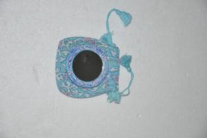 JAIPUR BLUE POTTERY HANDMADE PURSE MIRROR WITH MATCHING COTTON CLOTH POUCH - TURQUOISE 