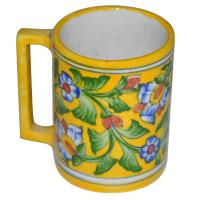 Yellow Floral Design Blue Pottery Beer Mug