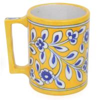 Blue Flower Design on Yellow Base Blue Pottery Mug
