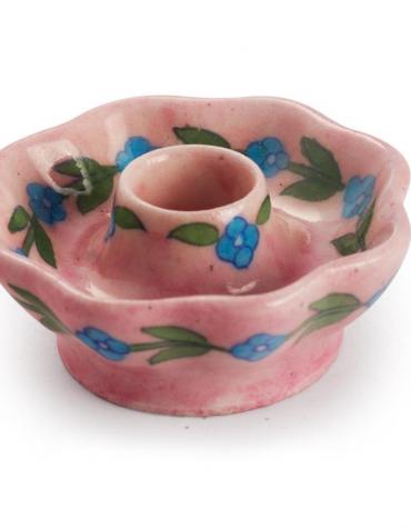 Jaipur Blue Potter Handmade Candle Plate Mellon Shape 3 inches -Pink Base  with Turquoise Flower 