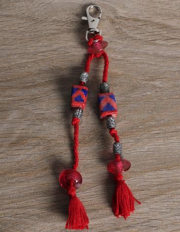 JAIPUR BLUE POTTERY HANDMADE BEAD BAG CHARM  IN RED WITH COTTON THREAD WORK