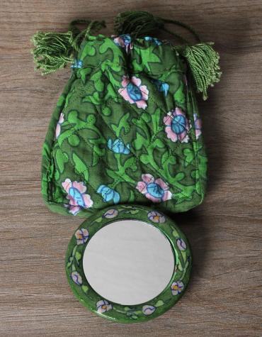 JAIPUR BLUE POTTERY PURSE MIRROR  GREEN  COLOR  WITH  COTTON CLOTH POUCH