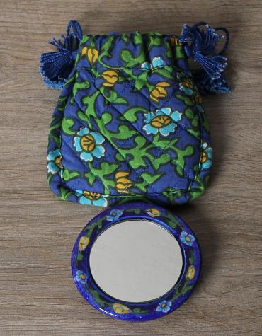 AIPUR BLUE POTTERY POUCH MIRROR BLUE WITH COTTON CLOTH POUCH