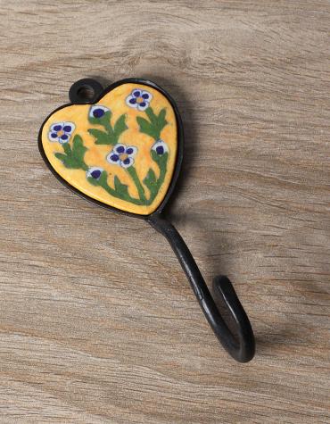 JAIPUR BLUE POTTERY HANDMADE HEART HOOK WITH IRON -YELLOW BASE WITH BLUE FLOWER