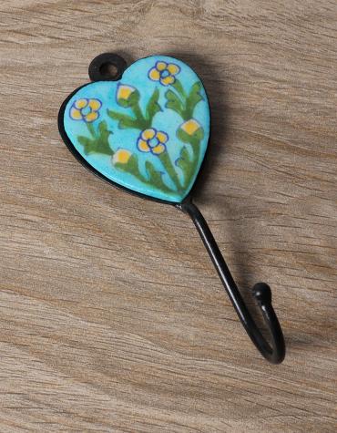 JAIPUR BLUE POTTERY HANDMADE HEART HOOK WITH IRON -TURQUOISE BASE WITH YELLOW FLOWER