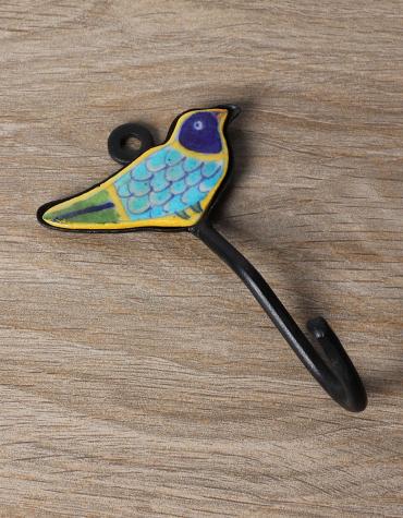 AIPUR BLUE POTTERY HANDMADE BIRD HOOK WITH IRON - YELLOW BASE WITH TURQUOISE /GREEN/BLUE