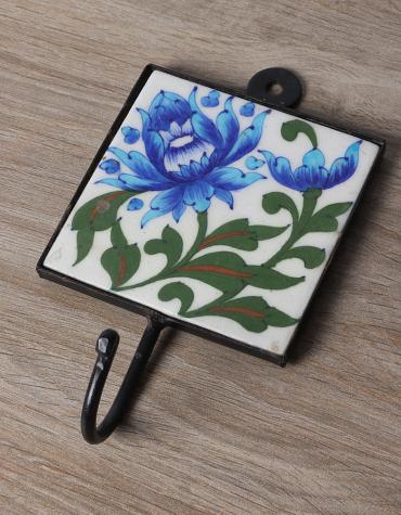 JAIPUR BLUE POTTERY HANDMADE TILE HOOK  WITH IRON 4X4 INCHES- WHITE BASE WITH BLUE FLOWER