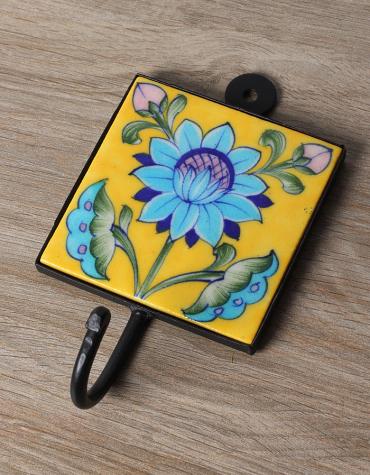 JAIPUR BLUE POTTERY HANDMADE TILE HOOK  WITH IRON 4X4 INCHES- YELLOW BASE WITH TURQUOISE  FLOWER
