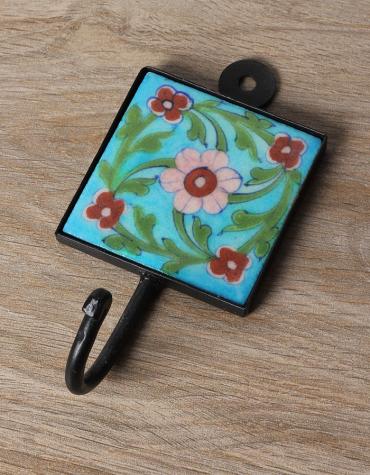 JAIPUR BLUE POTTERY HANDMADE TILE HOOK  WITH IRON 3X3 INCHES- TURQUOISE BASE WITH PINK FLOWER