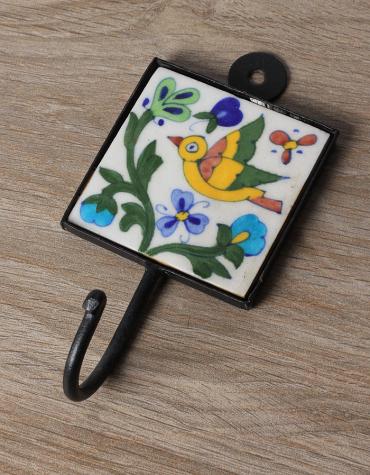 JAIPUR BLUE POTTERY HANDMADE TILE HOOK  WITH IRON 3X3 INCHES- WHITE  BASE WITH YELLOW BIRD