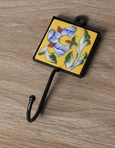 JAIPUR BLUE POTTERY HANDMADE TILE HOOK  WITH IRON 2X2 INCHES- YELLOW  BASE WITH BLUE FLOWER