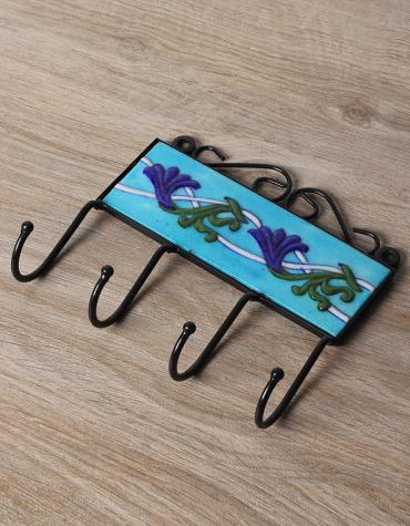 JAIPUR BLUE POTTERY HANDMADE EMBOSSED TILE HOOK WITH IRON 2X6 INCHES - TURQUOISE BASE WITH BLUE FLOWER
