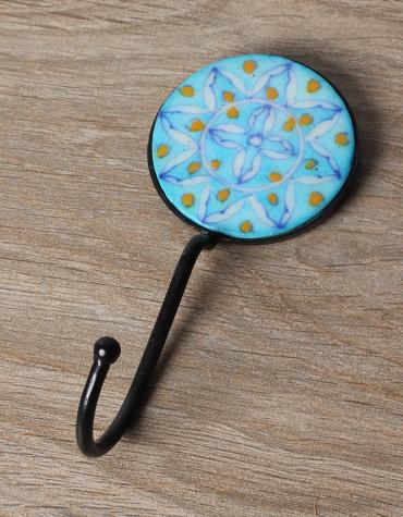 JAIPUR BLUE POTTERY HANDMADE ROUND FLAT HOOK  WITH IRON - GEOMETRIC DESIGN TURQUOISE  BASE WITH YELLOW DOTS