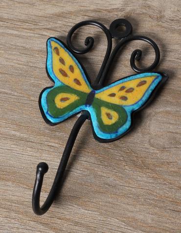 JAIPUR BLUE POTTERY BUTTERFLY HOOK WITH IRON - TURQUOISE, YELLOW ,GREEN & BROWN
