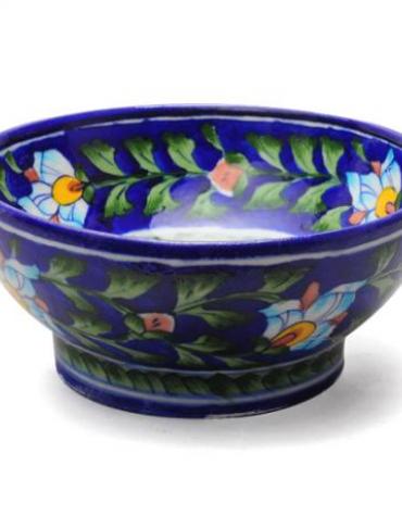 Jaipur Blue Pottery Handmade Bowl 8 inches - Blue Base with Turquoise / yellow flower