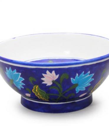 Jaipur Blue Pottery Handmade Bowl 10 inches - Blue Base with pink / turquoise lotus motifs