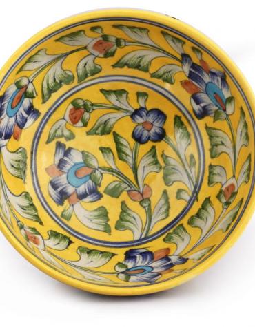 Jaipur Blue Pottery handmade Bowl 6 inches - Yellow Base with Blue Flowers