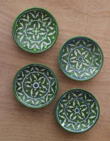 Handmade Geometrical Design Green and White Plate 4 inch