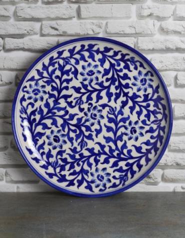 Jaipur Blue Pottery Handmade wall plate 12 inches with White base and blue flowers