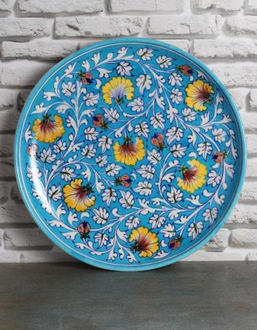 Jaipur Blue Pottery Handmade Wall Plate 12 inches - Yellow Zenia Flowers on Turquoise Base