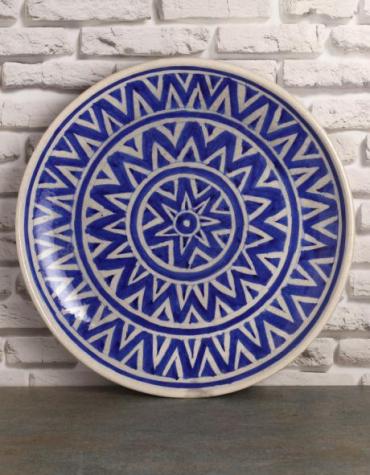 Jaipur Blue Pottery Handmade Wall Plate 12 inches with Blue and White Zig Zag Design 