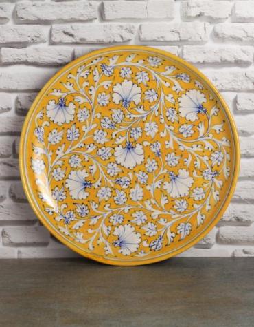 Jaipur Blue Pottery Handmade  Wall Plate 12 inches with Yellow base and White Zenia Flowers 