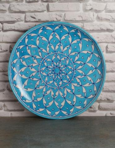Jaipur Blue Pottery Handmade Wall Plate 12 inches - Turquoise Geometric Design 