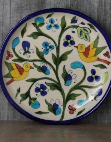Jaipur Blue Pottery Handmade Birds design on white base Plate 8 inches