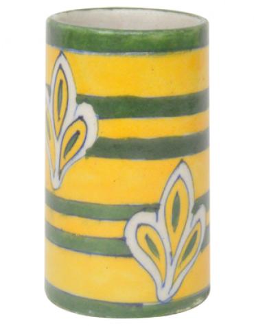 Yellow and Green Design Blue Pottery Cylinder 4 inches