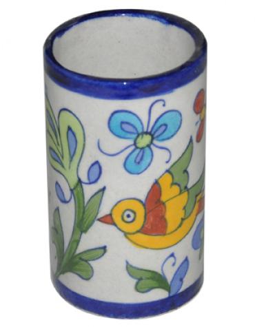 Bird Design Blue Pottery 4 inch Cylinder
