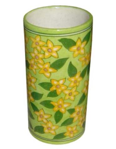 Yellow and Green Design Blue Pottery Cylinder 8 inches