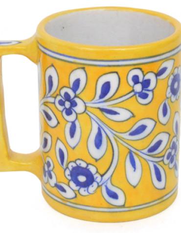 Blue Flower Design on Yellow Base Blue Pottery Mug