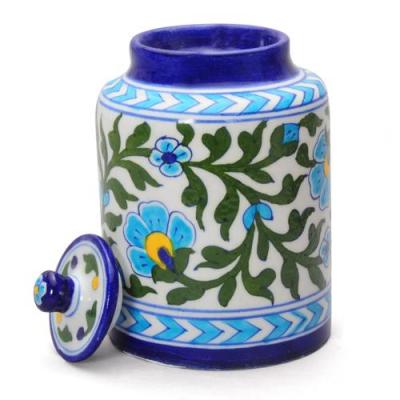 Jaipur Blue Pottery Handmade Jar 5 inches - white base with turquoise flower