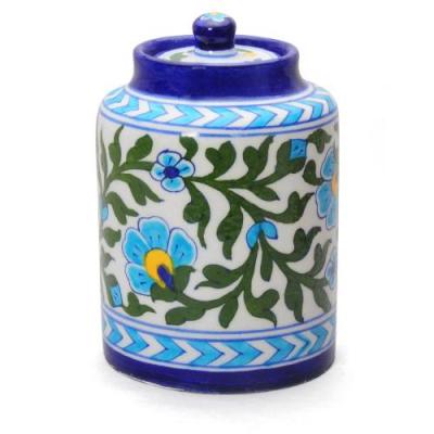 Jaipur Blue Pottery Handmade Jar 5 inches - white base with turquoise flower