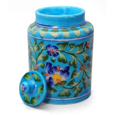 Jaipur Blue Pottery Handmade Jar 6 inches -Turquoise Base With Blue Flowers Motifs