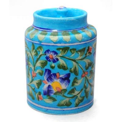Jaipur Blue Pottery Handmade Jar 6 inches -Turquoise Base With Blue Flowers Motifs