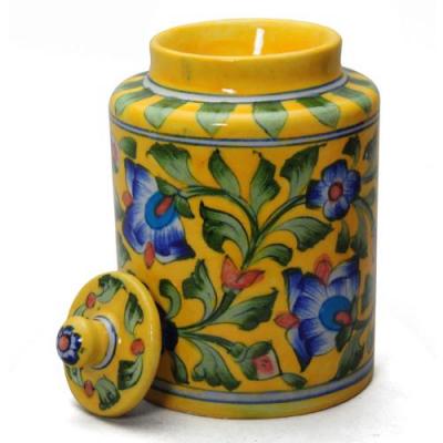 Jaipur Blue Pottery Handmade Jar 6 inches with lid  - Yellow base with Blue flower